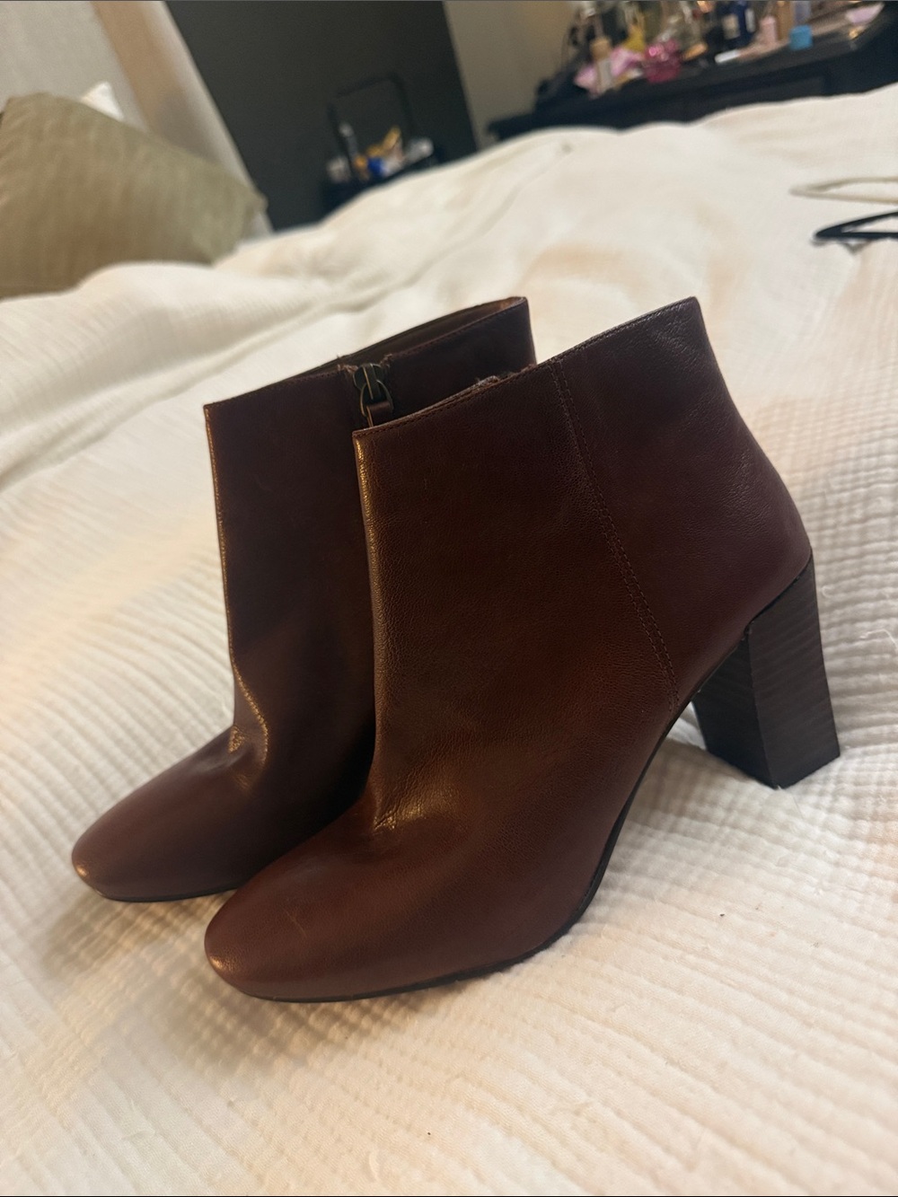 Nine West Dark Brown Leather Block Heel Ankle Booties